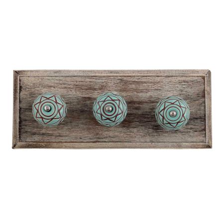 Sea Green Base Brown Pattern Etched Ceramic Wooden Hooks